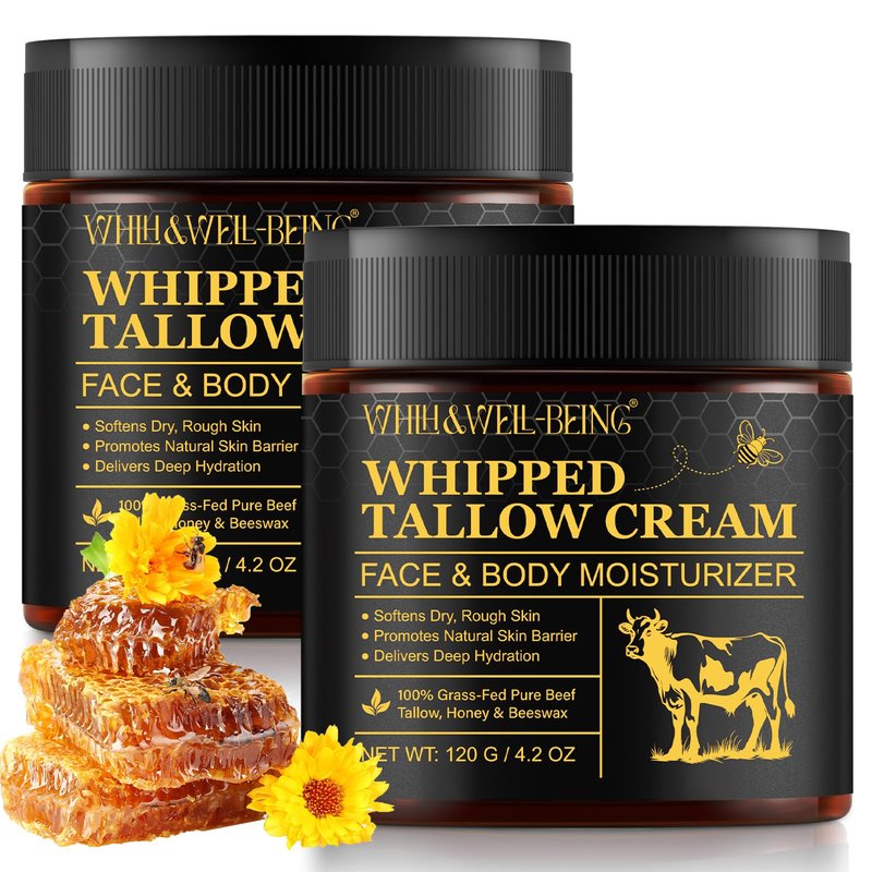 WHLH & WELL-BEING Beef Tallow for Skin, Beef Tallow and Honey Balm, Moisturizer for Face & Body Skin Care(2Pack)