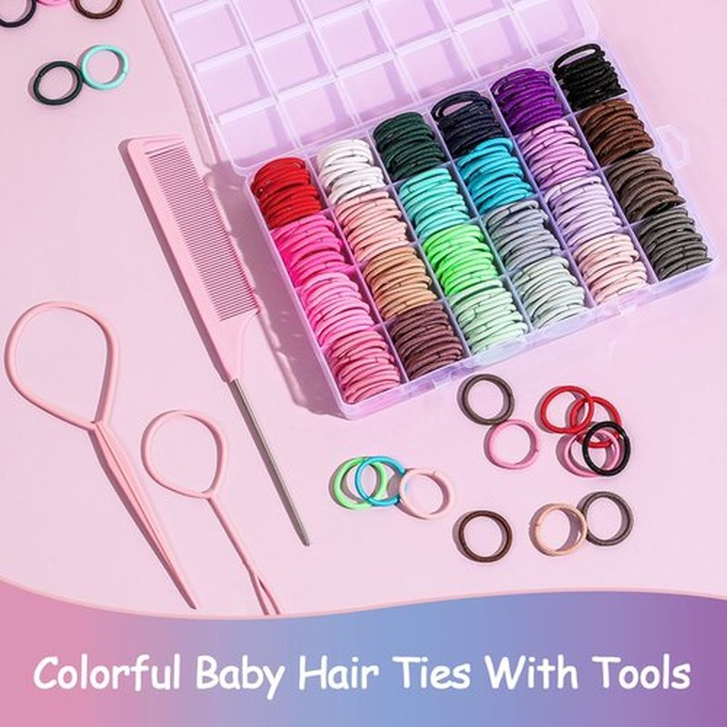 360PCS Hair Accessory Set: Elastic Ponytail Holders, Clear Organizer Box, Rat Tail Comb, 24 Colors for Kids, Toddlers, and Girls