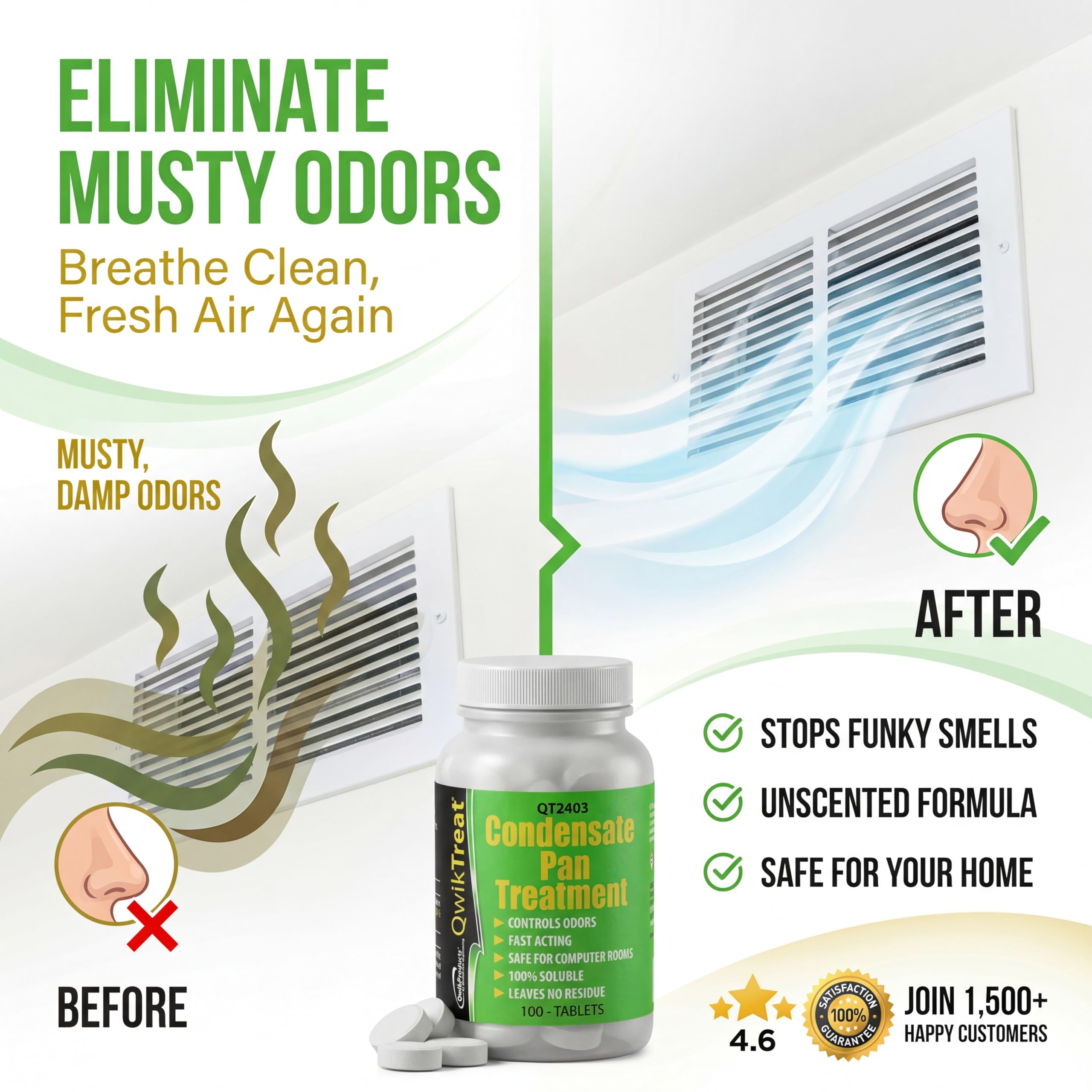 QwikTreat AC Pan Tablets & HVAC Drain Line Cleaner | Condensate Drain Pan Treatment Tabs | Remove Air Conditioner Pipe Clogs, Algae, & Control Odors for Effective Maintenance (100 Tabs)