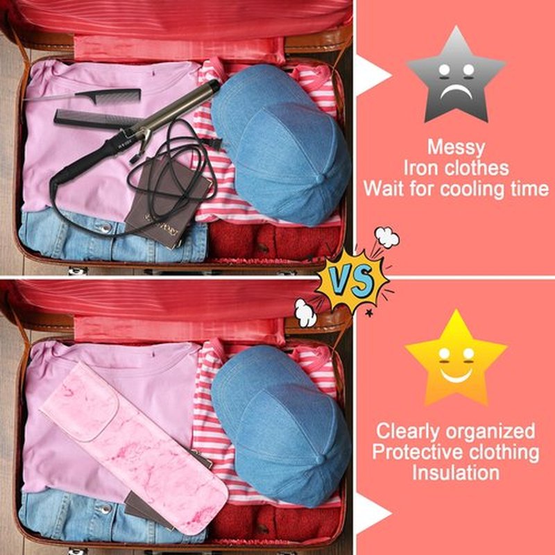 Shappy 2 Pcs Curling Iron Travel Case Cover Heat Resistant Flat Iron Holder Case Sleeve Neoprene Straightener Holder and Silicone Hot Hair Tools Mat Bag(Pink Marble Style)