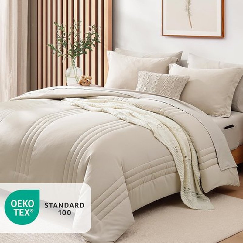 Monbix Queen Comforter Set - 7-Piece Beige Bedding Set with All-Season Comforter, Sheets & Pillowcases