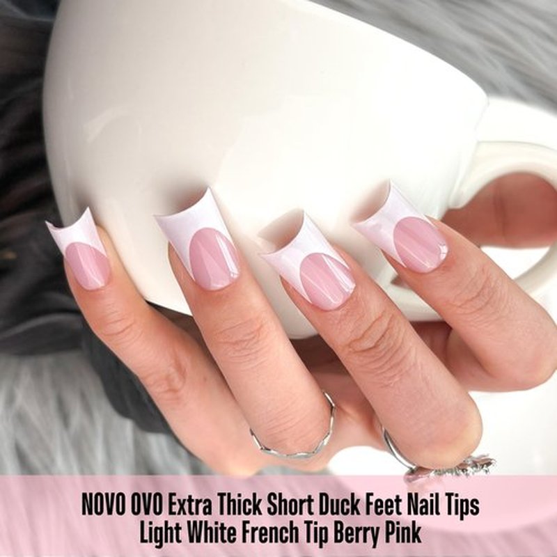 NOVO OVO Extra Thick Duck Nails Short with Moon Curve Light White French Tips BERRY PINK Full Cover for Press on Acrylic, Flare Wide French Soft Gel Fake False Nail Extension x 15 Sizes 240 pcs
