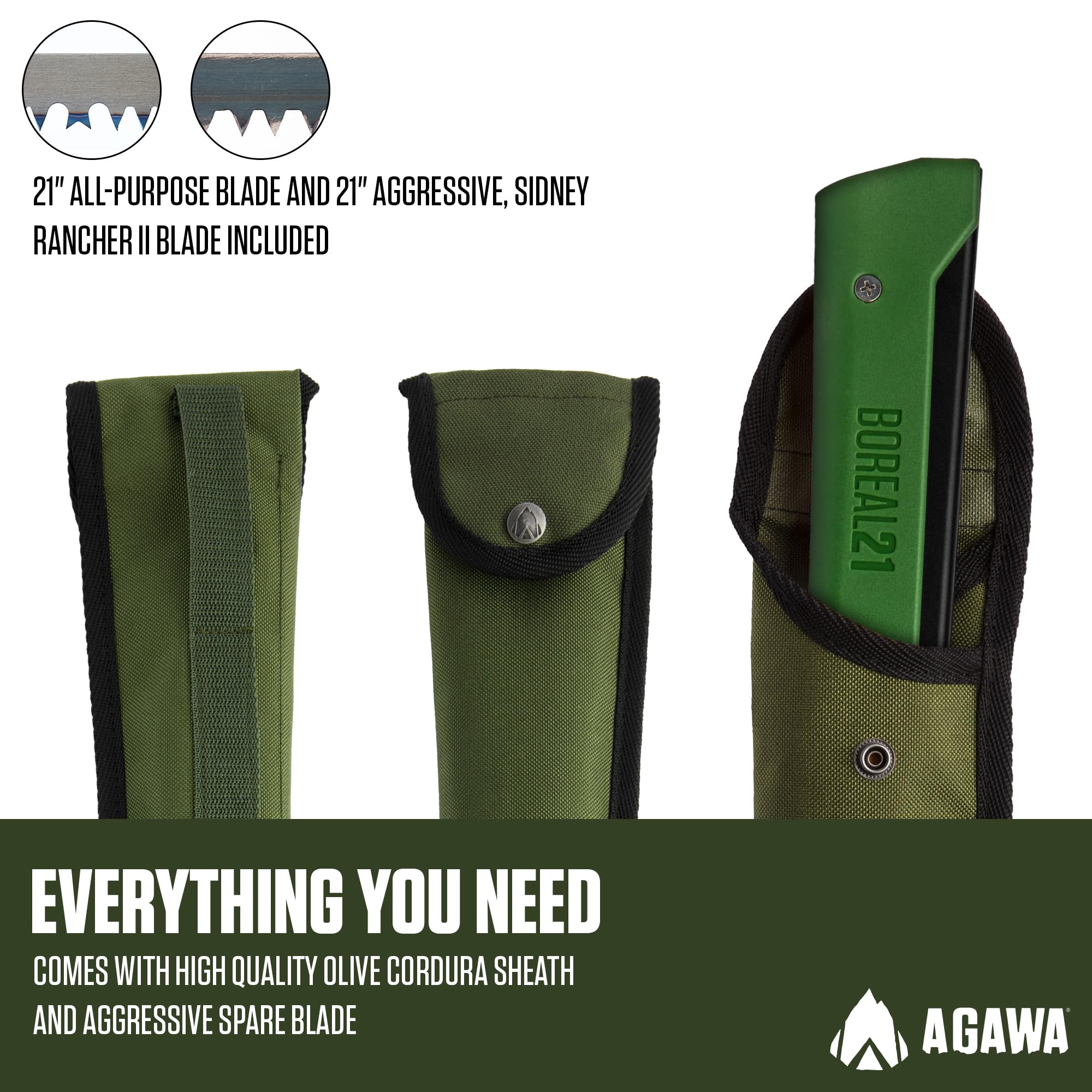 AGAWA - BOREAL21 Tripper Kit - Includes 21" Folding Saw, Nylon Carrying Case, 21" All-Purpose & 21" Aggressive Blade - For Camping, Hiking & Survival Gear (Black Frame/Green Handle)