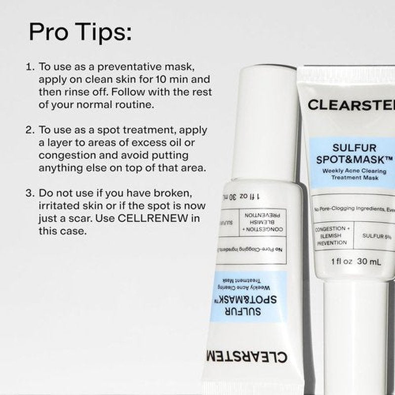 CLEARSTEM Sulfur Spot & Mask - Acne-Fighting Facial Mask with Kaolin Clay & Glycolic Acid for Clear Skin