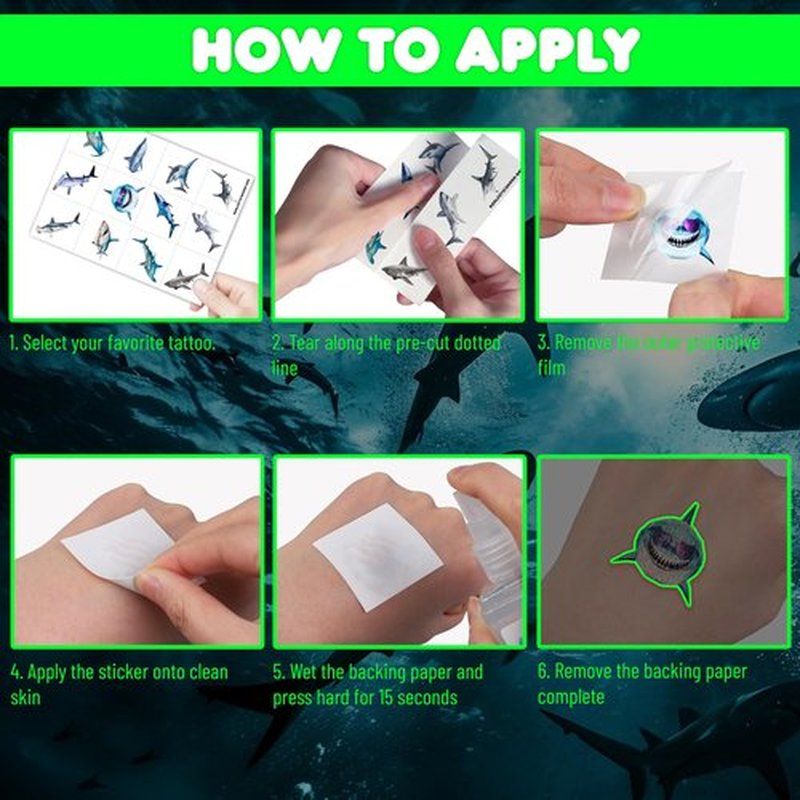 Realistic Shark Glow in The Dark Temporary Tattoos for Kids – 96PCS Luminous Waterproof Removable Stickers – Birthday Party Decorations Supplies Favors – Boys Girls Ocean Animal Gift - Halloween Party