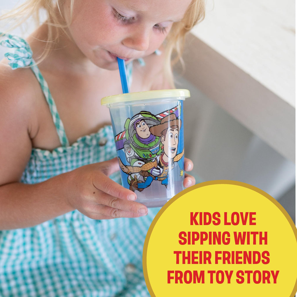 The First Years Take & Toss Toy Story Straw Cups - Spill-Proof Kids Cups with Snap-On Lids and Straws - Portable and Dishwasher Safe - 10 Oz - 10 Count - Ages 18 Months and Up