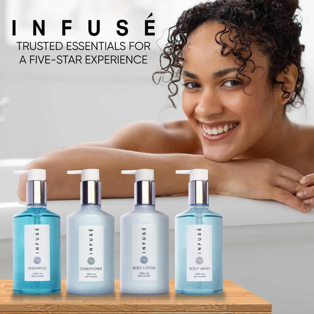 1-Shoppe Infuse 4 Piece Ecobox All-In-Kit | White Tea and Coconut Soap | 1 Shampoo, 1 Conditioner, 1 Body Wash and 1 Lotion | 10.14 oz Hotel Soaps and Toiletries Bulk | Personal Care Products