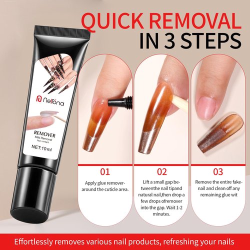 Nelrona Semi Solid Nail Glue 10ml for Press On Nails with 10ml Remover Kit Nail Tips Glue Gel - No Lamp Needed, Quick Drying, Long Lasting 30+ Days for Fake Acrylic Nails