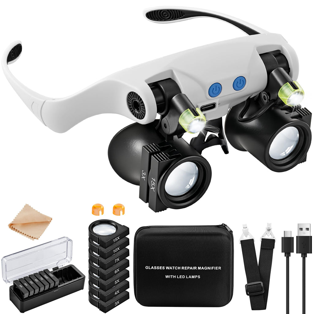 JARLINK Magnifying Glasses with LED Light, Hands Free Magnifier with 14 Interchangeable Lenses 3X 4X 5X 6X 7X 10X 15X, Magnifying Glasses for Close Work, Crafts, Jewelry, Electronics Repair (Black)