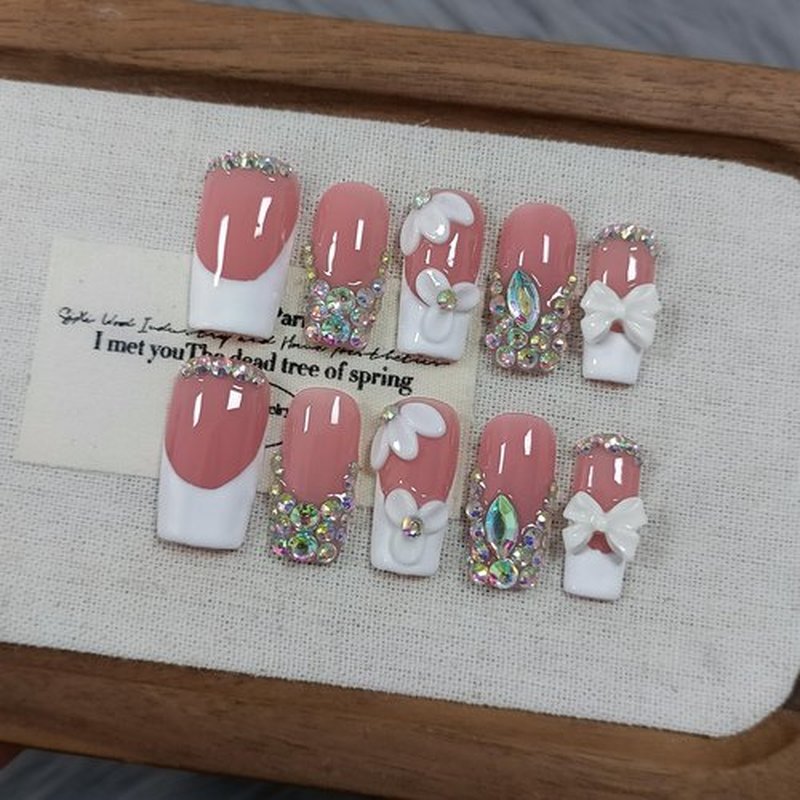 TENPAL Handmade Press on Nails Medium Long Square - Sheer Nude French Tip Fake Nails with 3D Floral, Full Cover Glitter 3D Bow Design False Nail Tips for Women Girls Daily Wear Parties Gifts(S)