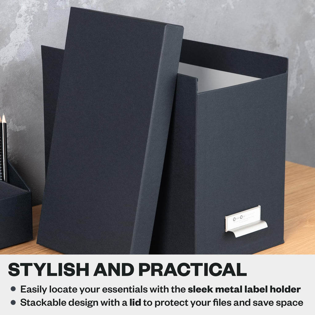 Bigso John Fiberboard Label Frame Desktop File Storage Box - Document Organizer for Important Paperwork - Durable Hanging File Box with a Lid & Metal Label Window - 7.36 x 13.38 x 10.51 in - Dark Grey
