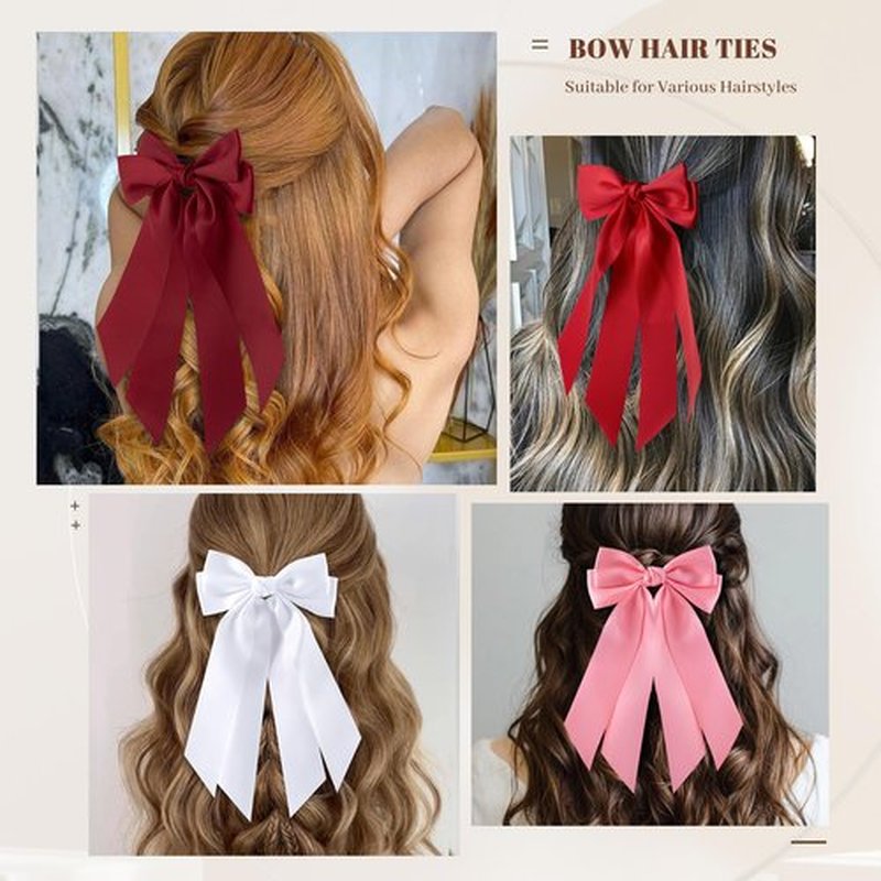 hisial 6Pcs Bow Hair Ties Non-Damage Ponytail Holders Hair Bows Ribbon for Women Fashion Bows Accessories for Girls Elastic Hair Bands(White/Pink/Red/Black)