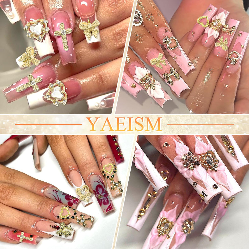 YAEISM 105PCS Gold Nail Charms 3D Gold Heart Nail Charm 8 Shapes Butterfly Charms for Nails Shiny Gold Nail Charms Cross Alloy Nail Bows for Nail Art and DIY Crafts Decoration