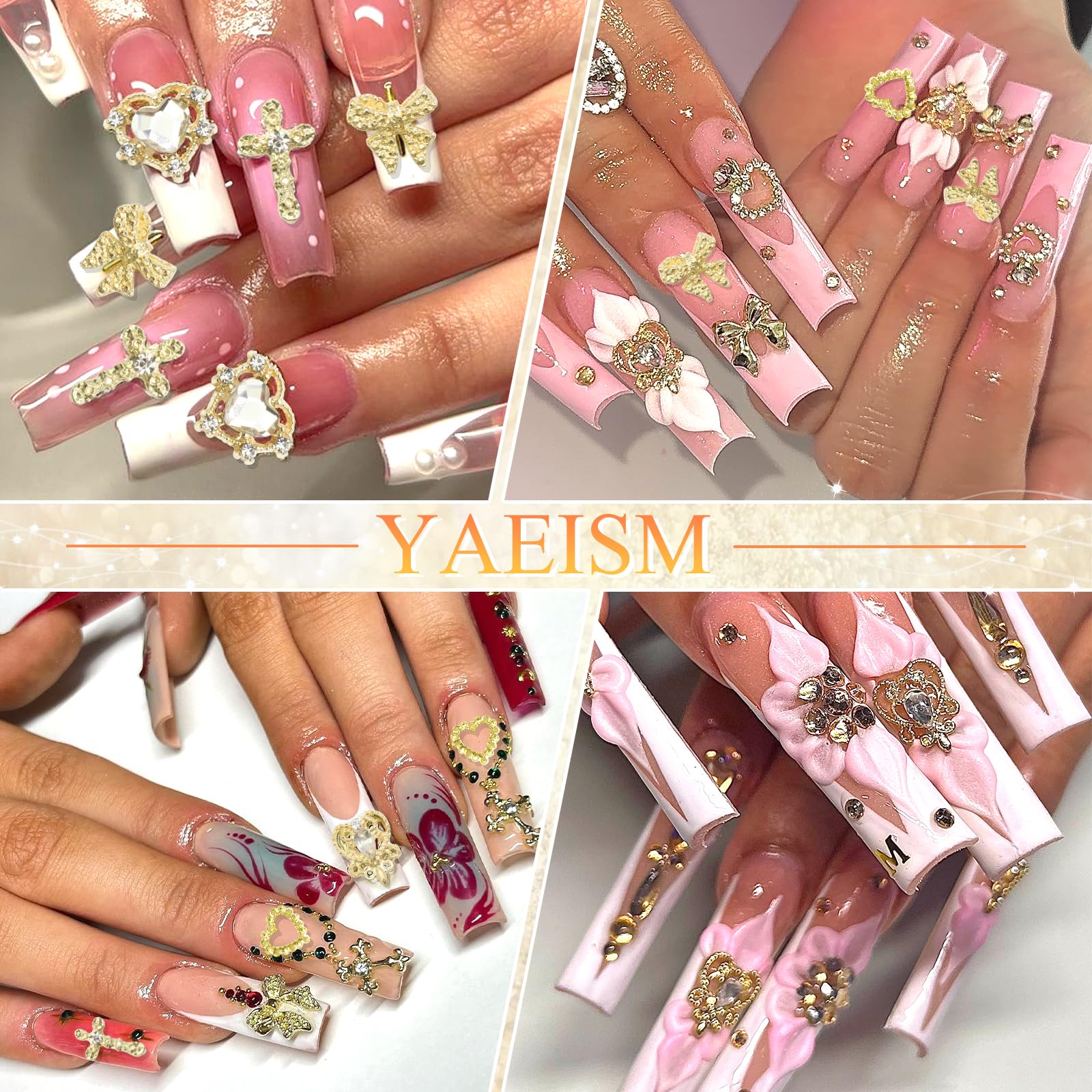 YAEISM 105PCS Gold Nail Charms 3D Gold Heart Nail Charm 8 Shapes Butterfly Charms for Nails Shiny Gold Nail Charms Cross Alloy Nail Bows for Nail Art and DIY Crafts Decoration