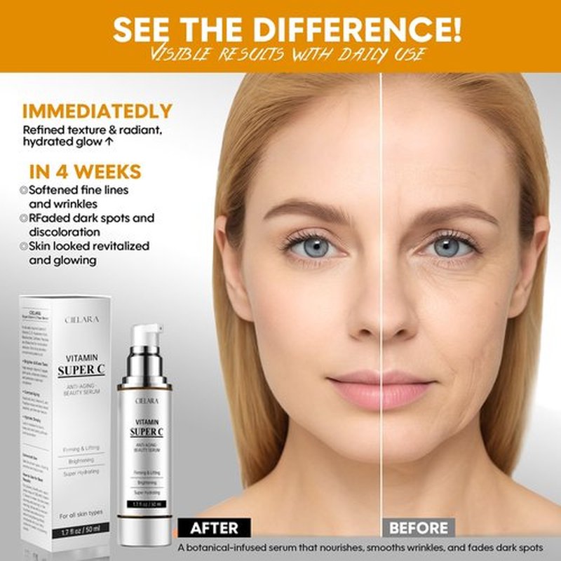 CIELARA Vitamin C Serum for Face, Anti Aging 20% Super C Serum With Vit C Hyaluronic Acid, Vitamin E, Peptides, Collagen Wrinkle Serume for Dark Spot, tighten, firming, lift, Brightening-1.7 Fl Oz
