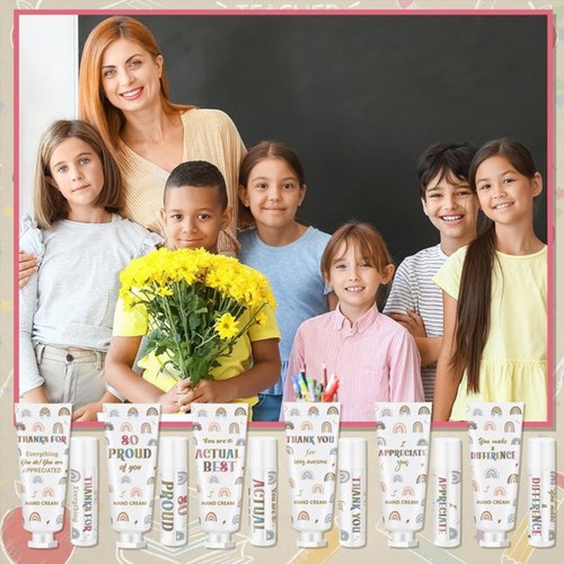 Loopeer 12 Set/ 24 Pcs Teacher Appreciation Gift Bulk Boho Rainbow Lip Balm Hand Cream Lotion Set Small Thank You Gifts Party Favors for Women Employee Coworker Staff Galentine's Day