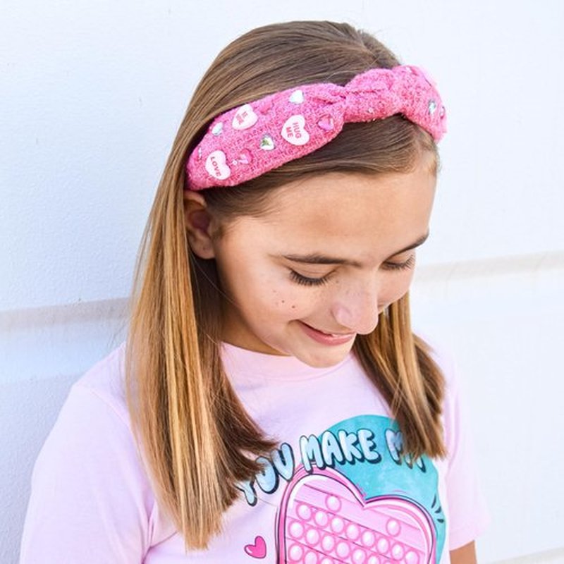 FROG SAC Top Knot Headband for Girls - Knotted Head Bands for Kids, Candy Heart Hair Band for Children, Pink Embellished Hair Accessories for Toddlers, Valentines Little Girl Fashion Hairband