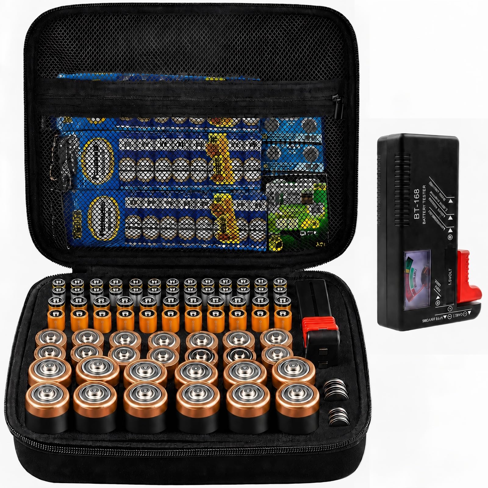 Comecase Battery Organizer Storage Case with Tester, Hard Battery Holder for AA AAA C D Button Cells, Holds 80 Batteries, Portable Batteries Box for Drawer Garage Home Emergency Supplies, Case Only