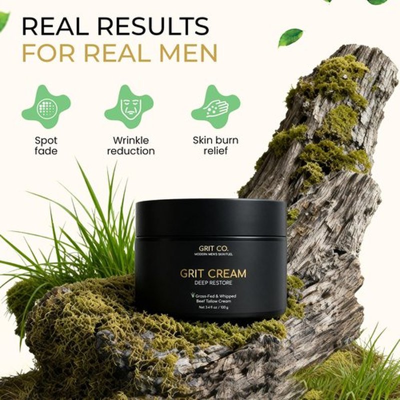 GRIT CO. Beef Tallow for Skin Anti-Aging Men's Face Cream – Grass-Fed Tallow Moisturizer for Men – Unscented Whipped Wrinkle Balm 3.4 oz