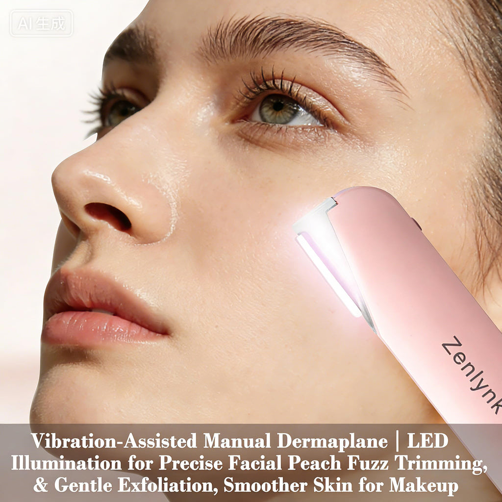 Zenlynk Vibration-Assisted Manual Dermaplane Razor for Women Face, Facial Exfoliator & Peach Fuzz Trimmer with 3 Vibration Modes, LED Light, 5 Replacement Blades & Exfoliating Scrubber, Pink