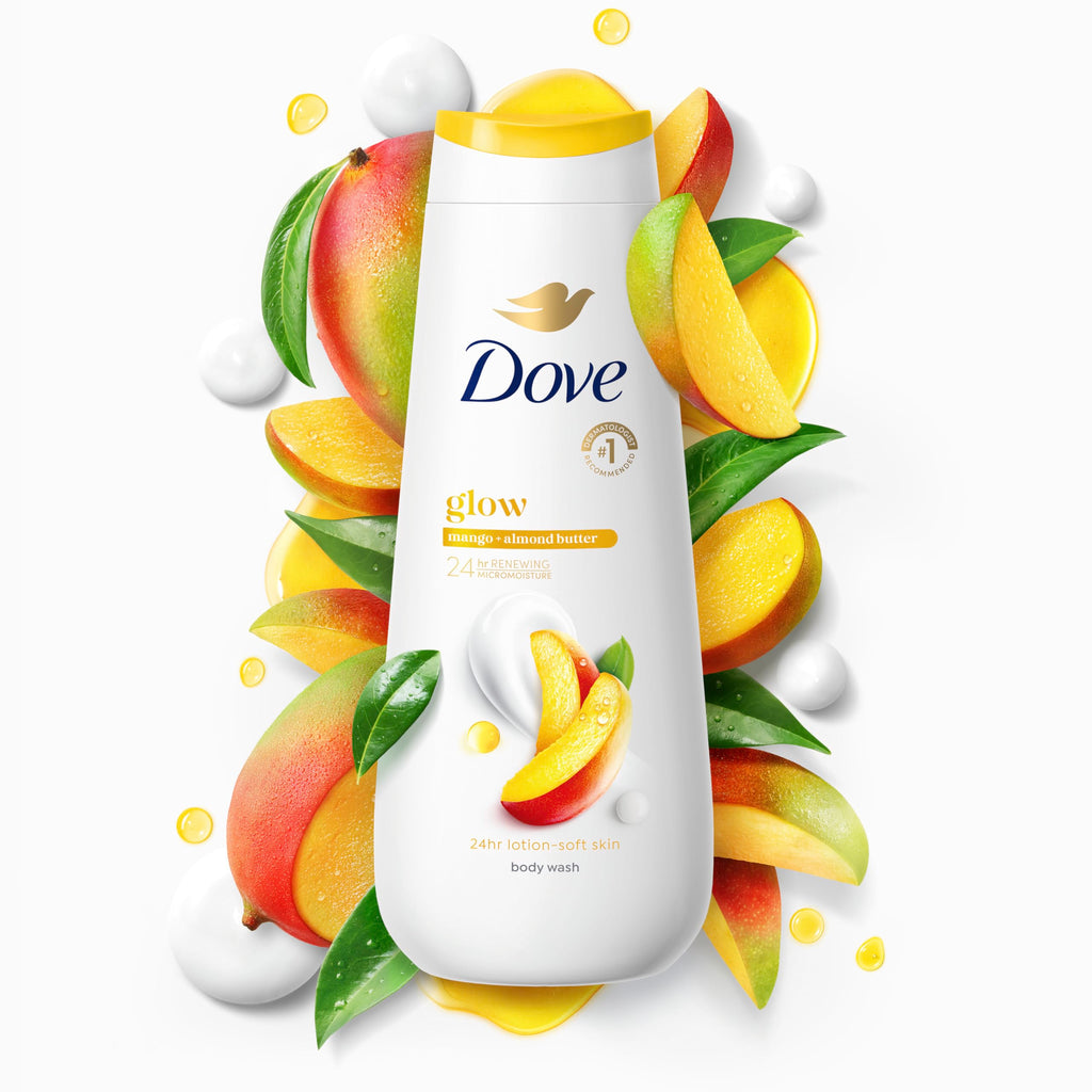 Dove Body Wash Glow Mango & Almond Butter for 24hr Lotion-Soft Skin Moisturizing Skin Cleanser with No Sulfates No Parabens 20 oz