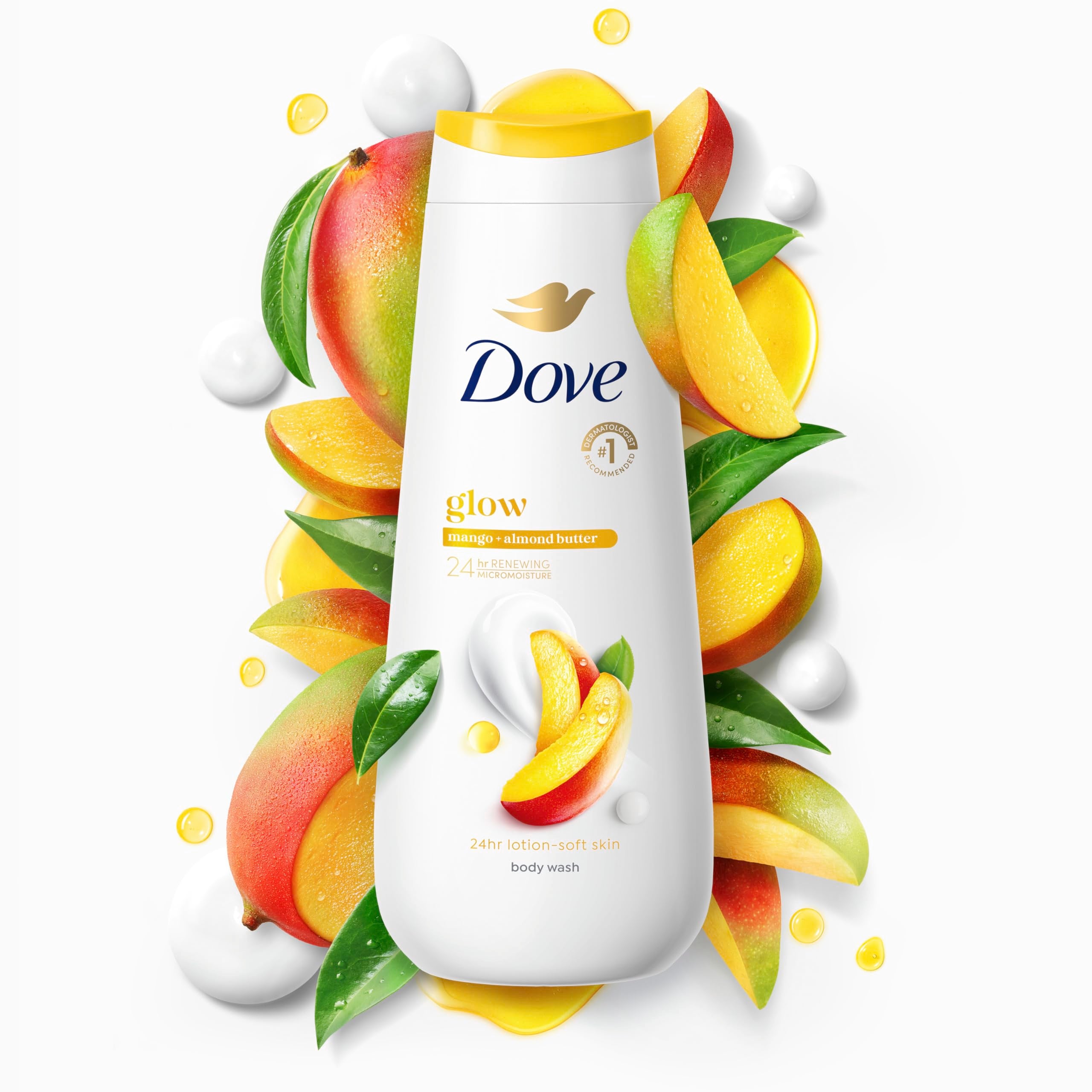 Dove Body Wash Glow Mango & Almond Butter for 24hr Lotion-Soft Skin Moisturizing Skin Cleanser with No Sulfates No Parabens 20 oz