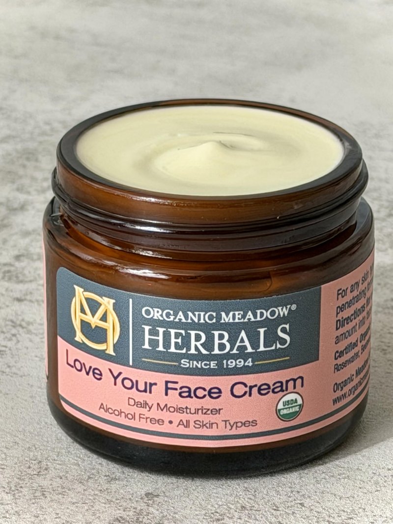 Organic Meadow Herbals Love Your Face Cream 2oz. USDA Certified Organic. Rich Facial Moisturizer for all skin types. Woman-owned & Operated Since 1994