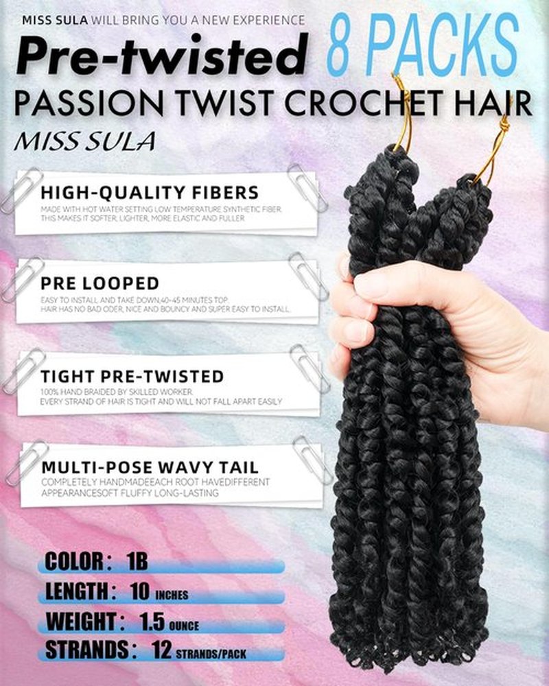Passion Twist Crochet Hair for Black Women-10 Inch 8 Packs Natural Black, Pre Looped Pretwisted Hair Extensions,Braided by Synthetic Spring Kinky Twist Bohemian Curl(10"-8P,1B)