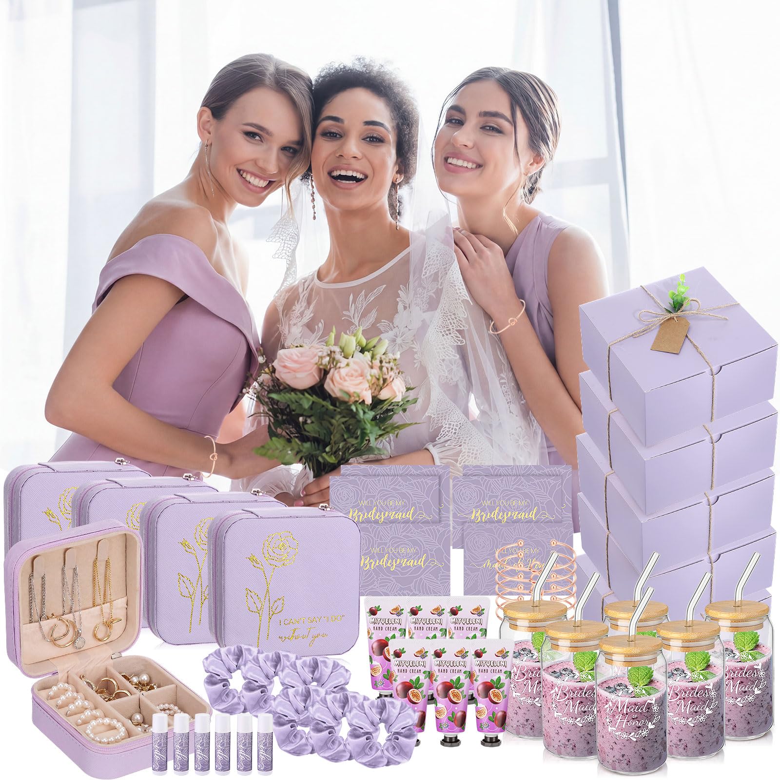 Teenyyou 60 Pcs Bridesmaid Proposal Gifts Bridesmaid Box Set Maid of Honor Gift Wedding Bridal Shower Include Jewelry Box Glass Cup Scrunchies Hair Knotted Bracelets Hand Cream Lip Balm Cards(Purple)