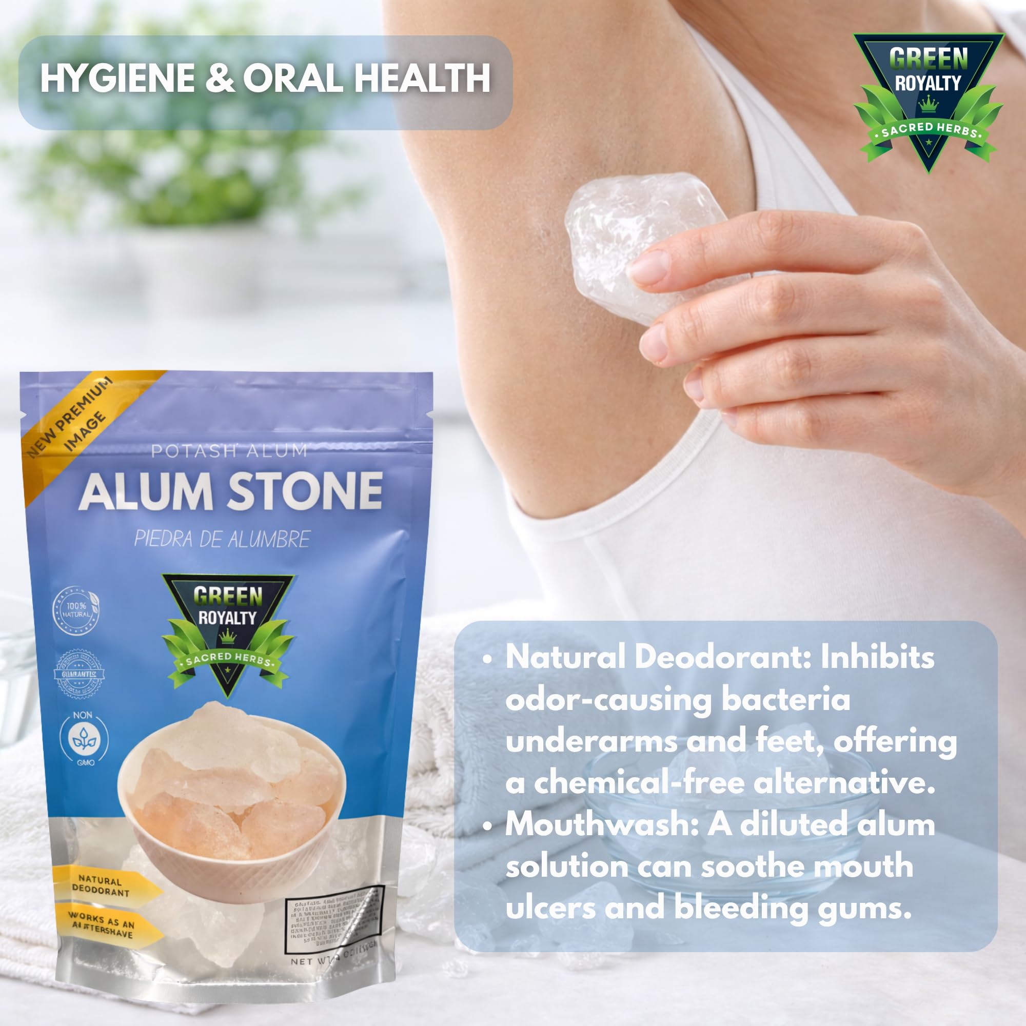 GREEN ROYALTY Alum Stone (Piedra de Alumbre) 4 oz - Multi-Purpose Crystal for Skin Care and Healing - Natural Deodorant & Antiperspirant | Shaving Stone.