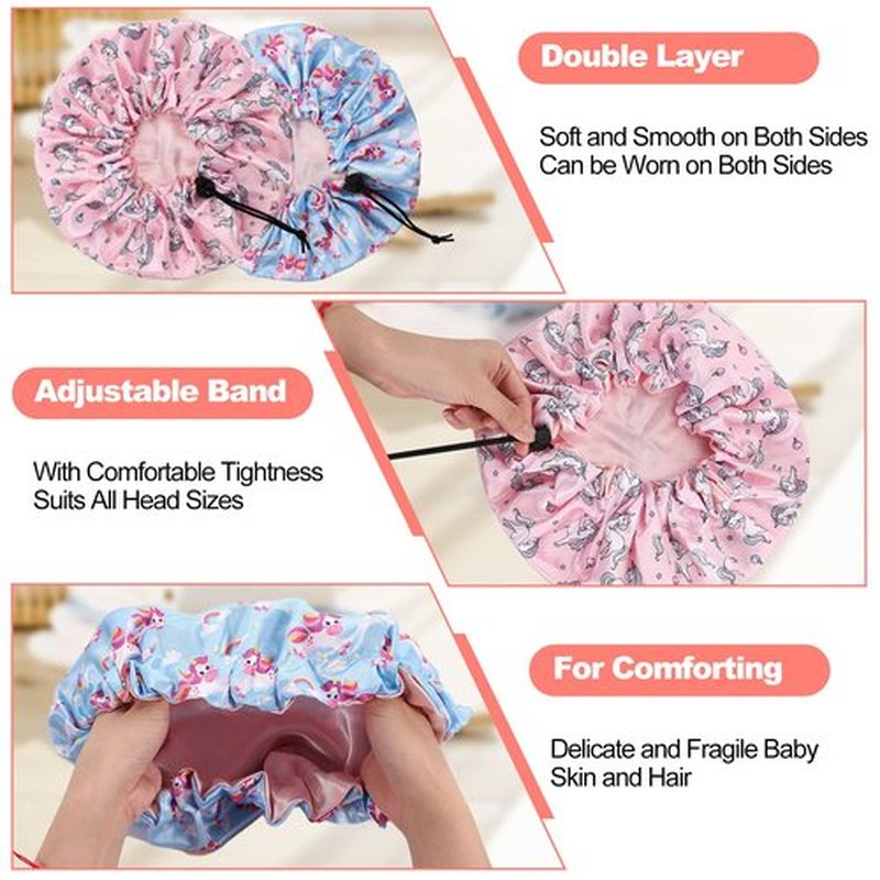 CACASO 4 Pieces Kids Satin Bonnet Sleeping Cap,Adjustable Satin Sleep Cap for Sleeping Hair Bonnet,Double Layer Reversible Sleep Bonnet Soft Night Hats for Natural Hair Toddler Child Baby(A-Unicorn)