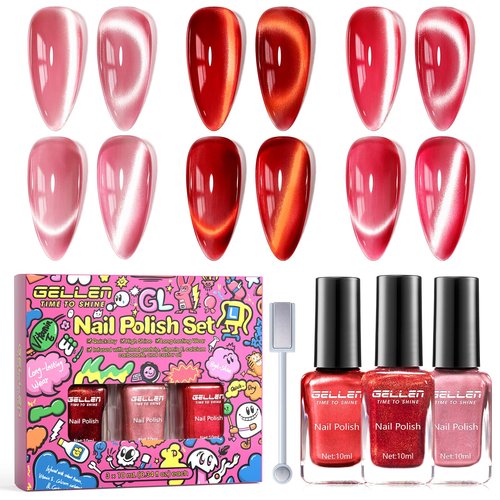 GELLEN Quick Dry Cat Eye Nail Polish Kit, Valentine's Gift for Yourself, Red Magnetic Fingernail Polish Series, Fast Drying Glitter Nail Lacquer Non Gel with Magnet Tool, DIY Salon Home