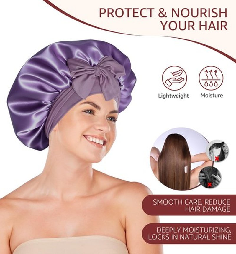 HiRui Silk Satin Bonnet for Sleeping Women, Double-Layer Sleep Cap Shower Cap with Adjustable Tie, Moisture Retaining Satin Lined Hair Bonnet for Curly and Natural Hair (Lavender, Medium)