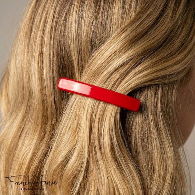 French Amie Rectangular Handmade Small Hair Barrette 2 1/4 Inch with Metal Clasp, Cellulose Acetate Hair Clip Grip for Women & Girls, Strong Hold for Fine Hair, Bangs, and Half-Up Styling (Red)