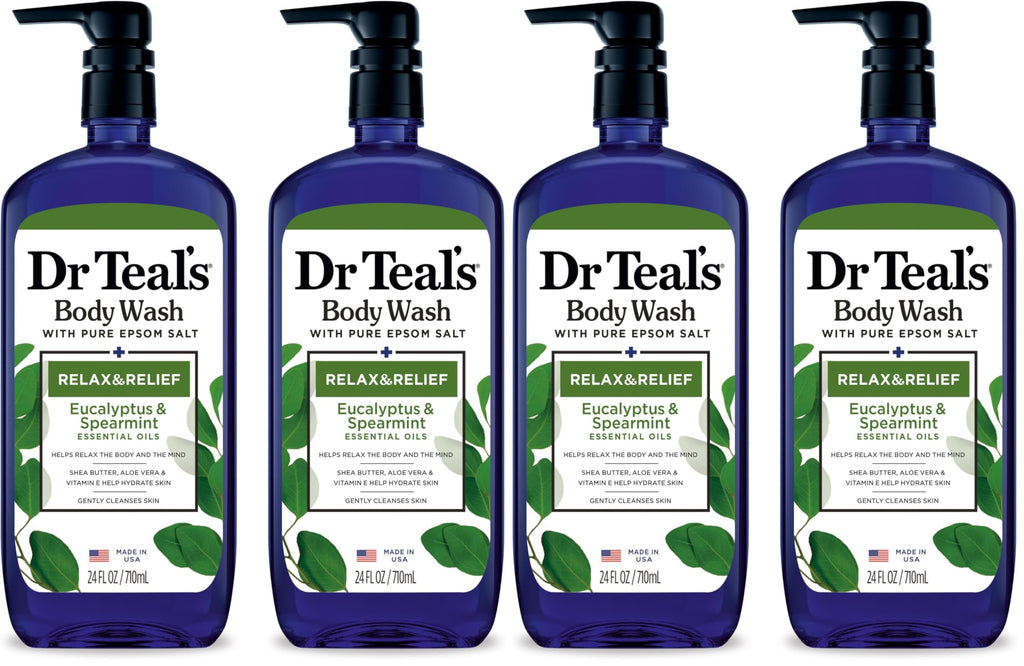 Dr Teal's Body Wash with Pure Epsom Salt, Relax & Relief with Eucalyptus & Spearmint, 24 fl oz (Pack of 4)