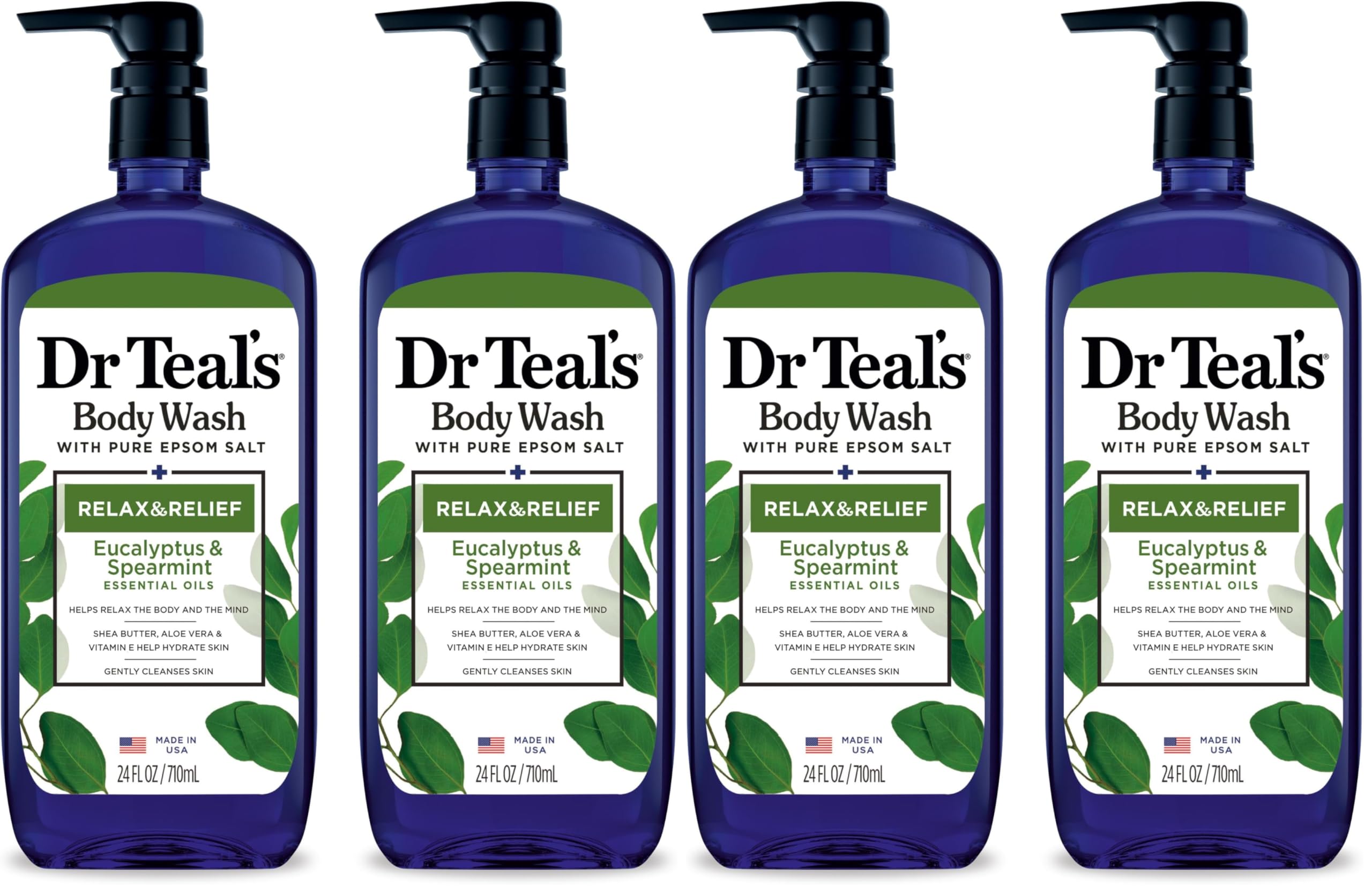 Dr Teal's Body Wash with Pure Epsom Salt, Relax & Relief with Eucalyptus & Spearmint, 24 fl oz (Pack of 4)