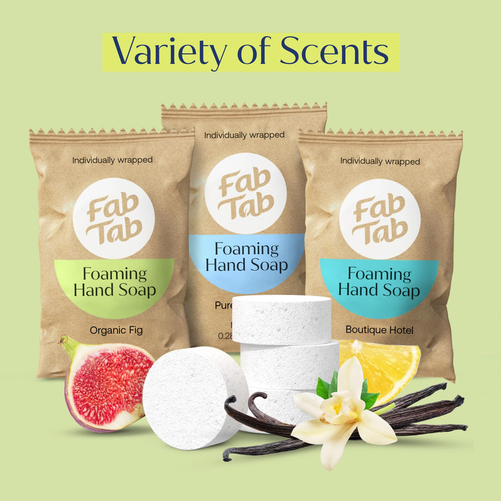 Fab Tab Foaming Hand Soap Dispenser - Refillable Glass Foaming Hand Soap Dispenser + 3 Tablet Refills | Variety Scents | Makes 3 x 11.9 Fl oz Bottles