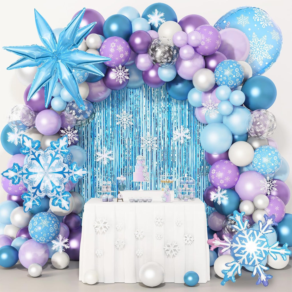 Amandir 162PCS Snow Birthday Party Supplies - Snow Balloon Garland & Fringe Curtain | Blue & Purple Winter Wonderland Decor