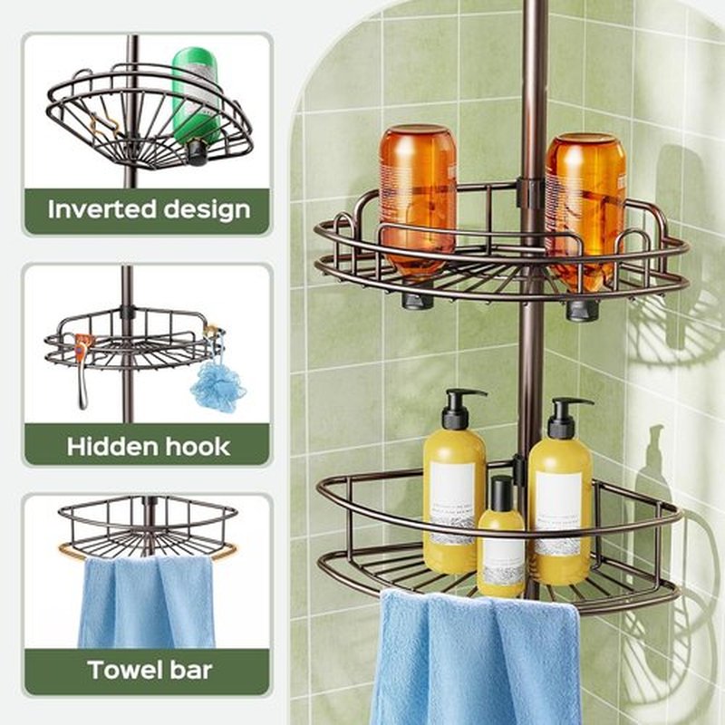 HAMITOR Corner Shower Caddy | 4-Tier Rust-Resistant Bathroom Organizer - Adjustable 47-121 Inch - No-Drill Quick Installation - Space-Saving Bronze Shelves