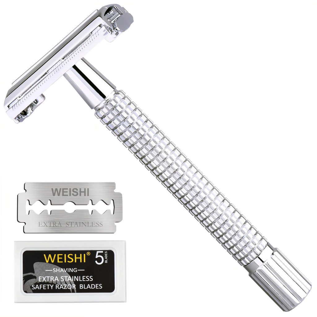 WEISHI Butterfly Open Double Edge Safety Razor for Men, Chrome Long Handle with 5 Stainless Razor Blades Included, Reusable Wet Shave Tool for Smooth, Close Shave