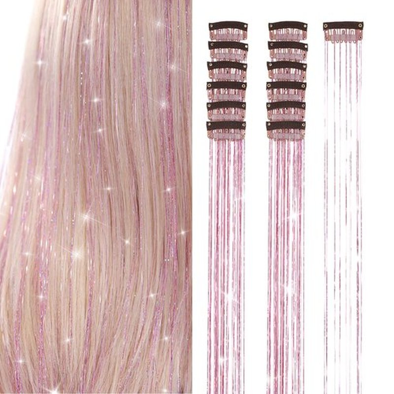 Pink Hair Tinsel 12Pcs 20.5 Inch Clip in Tinsel Hair Extensions Heat Resistant Fairy Hair Tinsel Kit Glitter Hair Extensions Accessories for Christmas Halloween Cosplay (Pink)