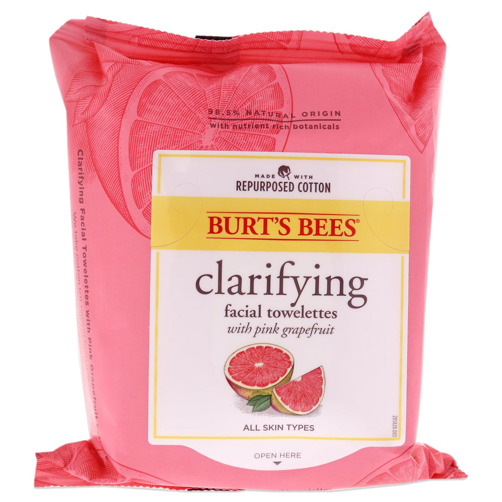 Burt's Bees Clarifying Facial Towelettes With Pink Grapefruit, Pre-Moistened Towelettes for All Skin Types, 99.04 Percent Natural Origin Skin Care, Pack of 3