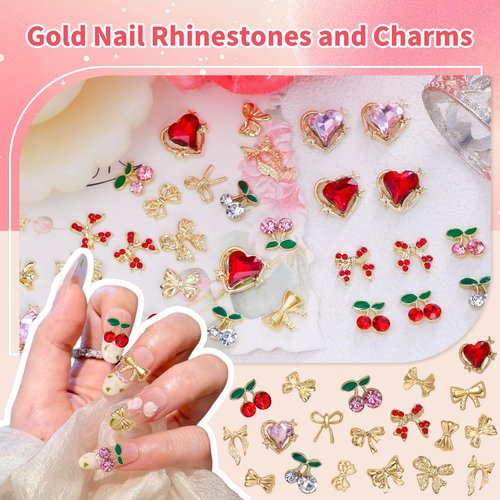 Tatiwoo 96 Pcs Gold Bows Nail Charms, Cherry Heart Bow Nail Rhinestones and Charms, Multi Shapes Golden Nails Bowknot Charm Gems for Nails Art Supplies