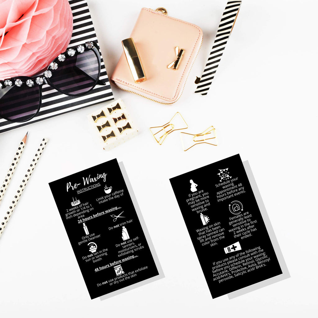 Waxing Aftercare Cards | 50 Pack | Size 2 x 3.5” inches Business Card Size | Waxing Aftercare Kit Cards PMU | Aftercare Instructions Black with Icons Design (Pre-Waxing)