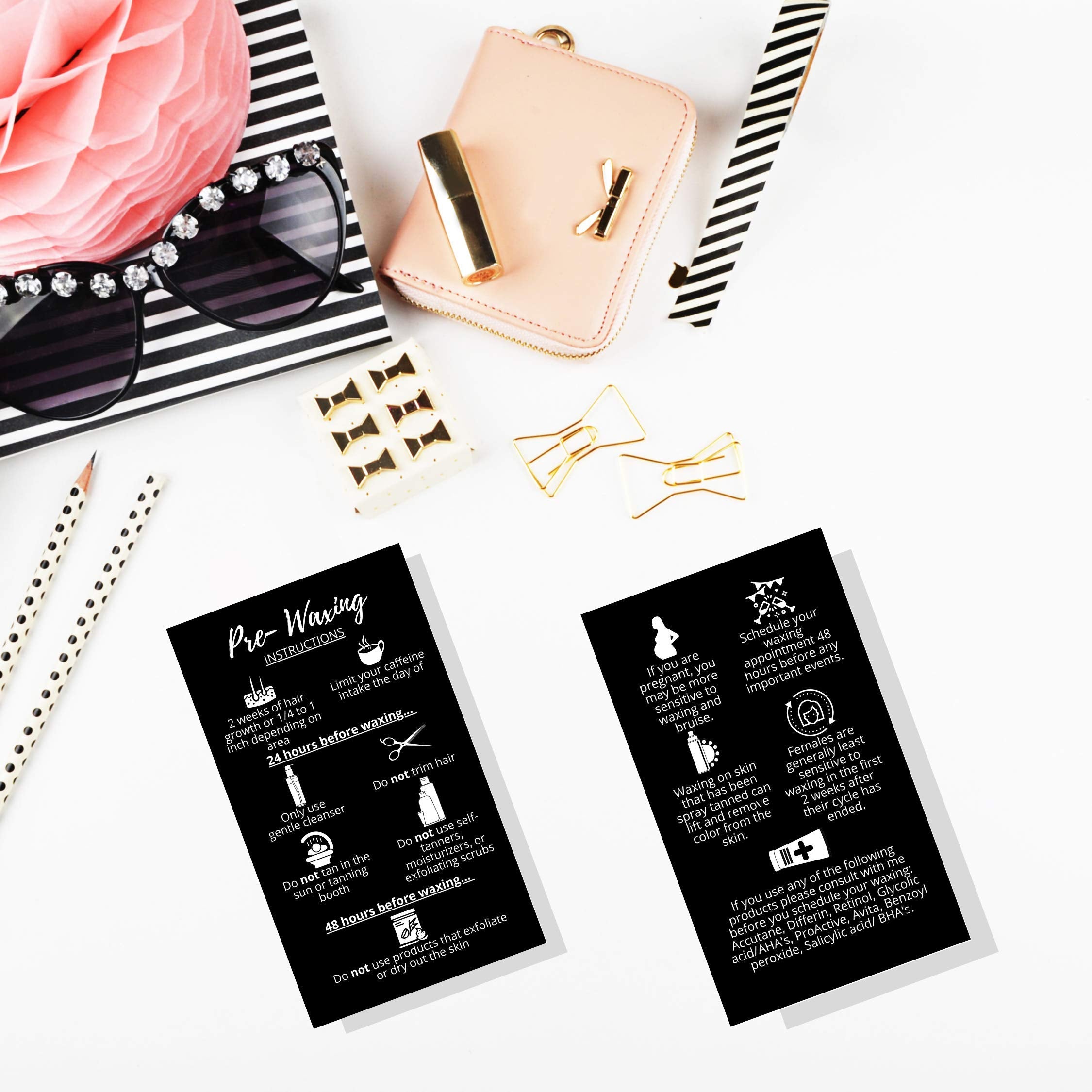 Waxing Aftercare Cards | 50 Pack | Size 2 x 3.5” inches Business Card Size | Waxing Aftercare Kit Cards PMU | Aftercare Instructions Black with Icons Design (Pre-Waxing)