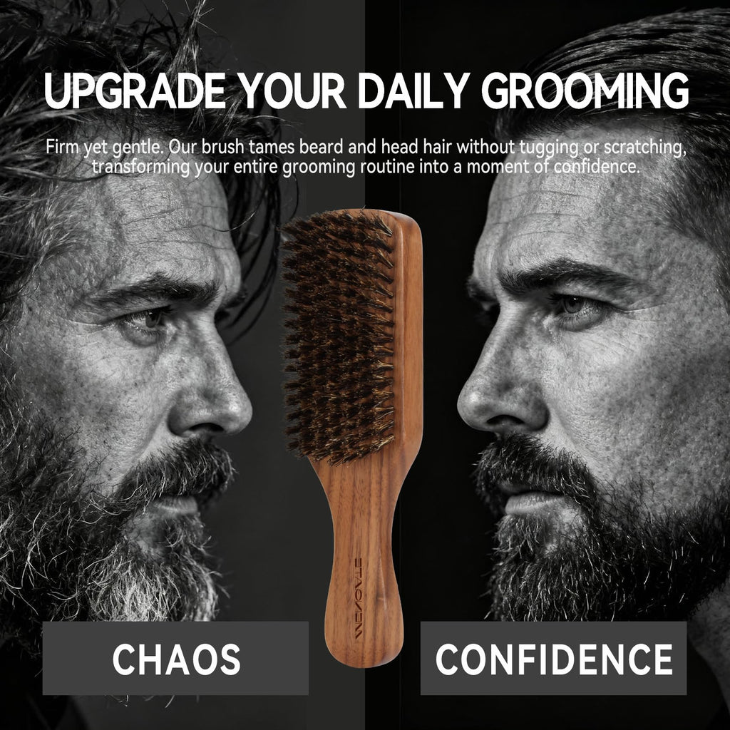 MenGate Boar Bristle Beard Brush for Men - Wooden Mustache Brush and Slick Back Hair Brush with Small Metal Beard Comb, Perfect for Home and Travel Use - Major
