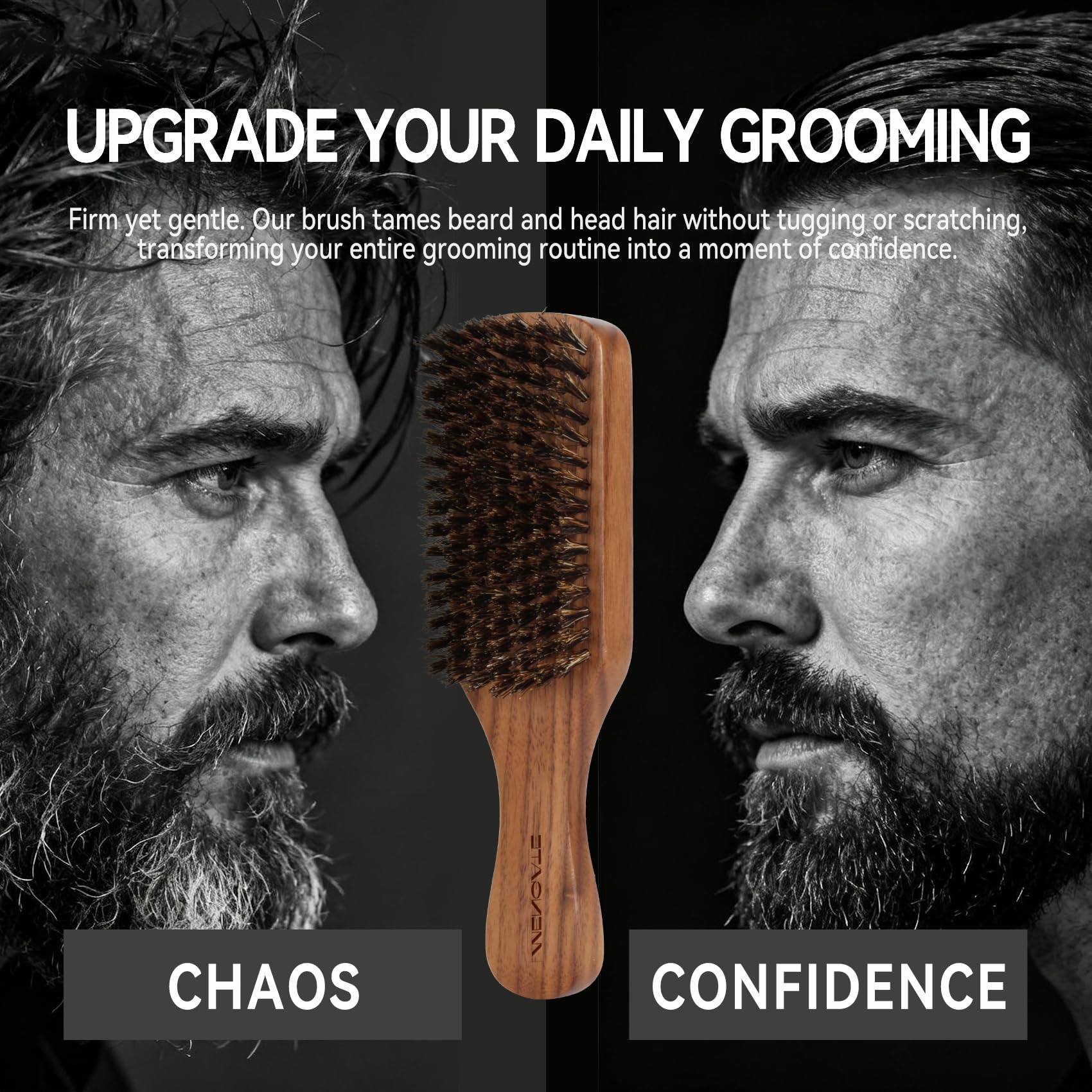 MenGate Boar Bristle Beard Brush for Men - Wooden Mustache Brush and Slick Back Hair Brush with Small Metal Beard Comb, Perfect for Home and Travel Use - Major