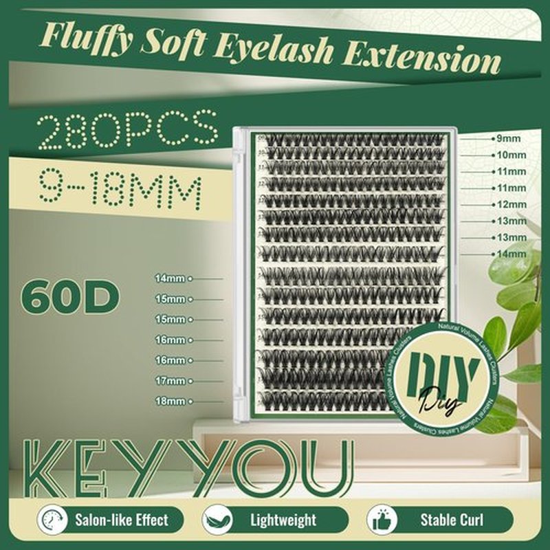 Lash Clusters 280Pcs Eyelash Clusters KEYYOU 60D D Curl 9-18MIX Clusters Lashes Thick Super Soft Wispy DIY Eyelash Extension at Home(60D-D,9-18MIX)