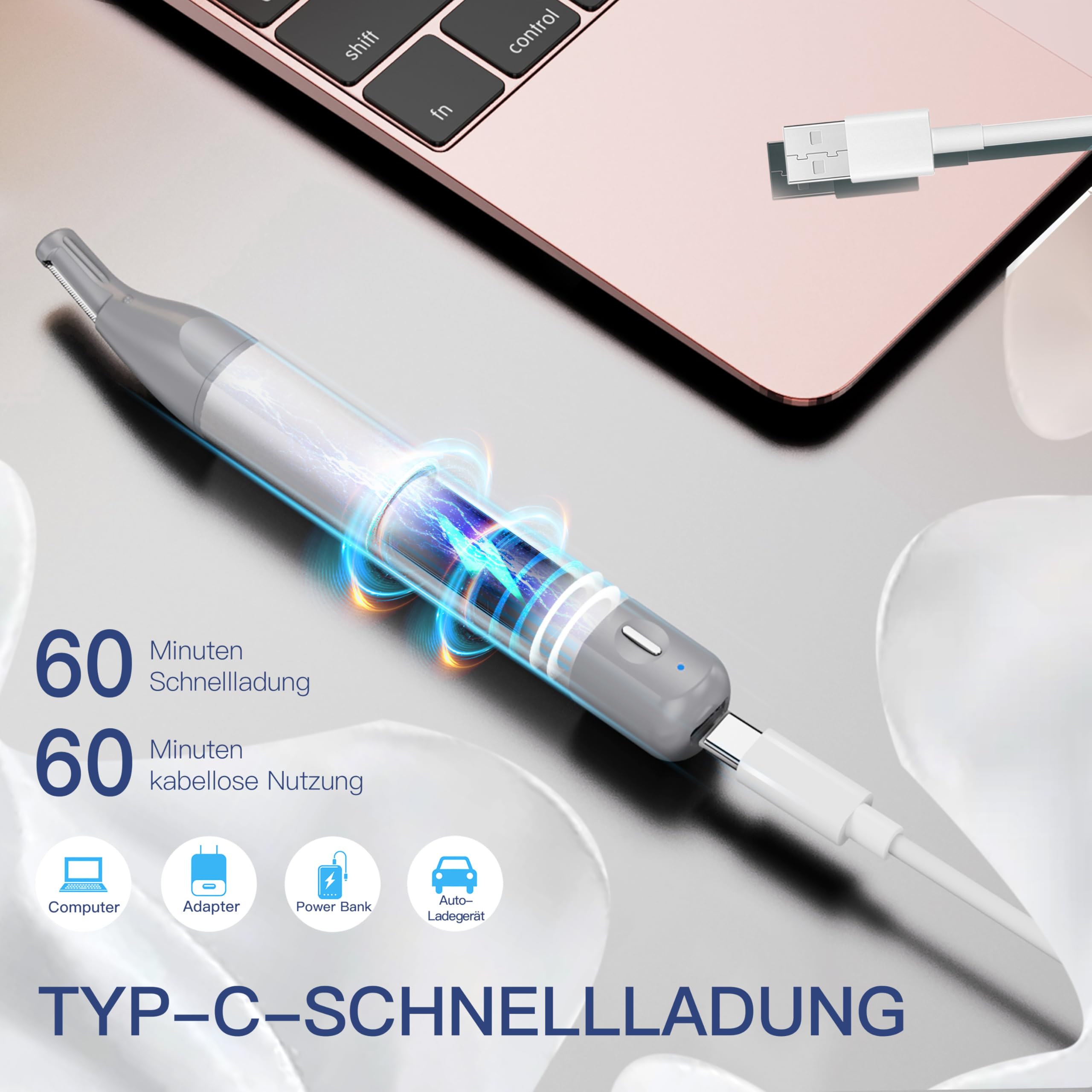 HEBECA Nose Hair Trimmer for Men & Women - 2in1 Rechargeable Ear and Nasal Hair Trimmer, Waterproof Nose Clipper, Electric Eyebrow Trimmer & Facial Hair Remover Grooming Set (Silver Grey)