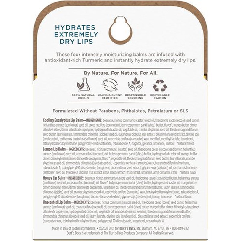 Burt's Bees Natural Rescue Lip Balm - Cooling Eucalyptus & Lemon - 4 Tubes, Unscented